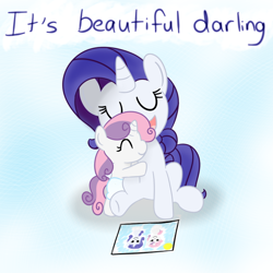 Size: 800x800 | Tagged: safe, artist:mister-true, character:rarity, character:sweetie belle, species:pony, askfillyrarity, baby, baby belle, baby pony, cute, diasweetes, foal, hug, raribetes