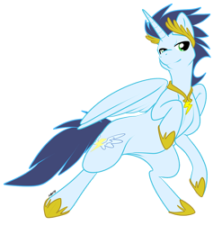 Size: 800x811 | Tagged: dead source, safe, artist:muzz, character:soarin', species:alicorn, species:pony, g4, alicornified, bedroom eyes, bipedal, clothing, hoof shoes, laurel, male, necklace, race swap, rearing, shoes, simple background, smiling, soaricorn, solo, stallion, transparent background