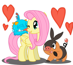 Size: 879x780 | Tagged: safe, artist:seaandsunshine, character:fluttershy, species:pegasus, species:pony, crossover, female, heart, mare, one eye closed, pokémon, simple background, skylanders, tepig, transparent background, vector, wrecking ball