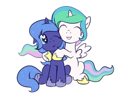 Size: 900x679 | Tagged: safe, artist:averagedraw, character:princess celestia, character:princess luna, species:alicorn, species:pony, cewestia, cute, filly, foal, hug, missing accessory, sisters, smiling, woona