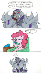 Size: 672x1189 | Tagged: safe, artist:thedarklordkeisha, character:pinkie pie, annoyed, armchair, comic, dan vs, dialogue, half-lidded eyes, happy, hot nuts, megatron, phone, reference to another series, sad, simple background, smiling, speech bubble, stop calling me, teeth, telephone, transformers, transformers prime, white background
