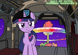 Size: 1024x720 | Tagged: safe, artist:filipinoninja95, character:twilight sparkle, atomic rainboom, call of duty, female, frown, glare, looking at you, mushroom cloud, nuclear weapon, palindrome get, solo