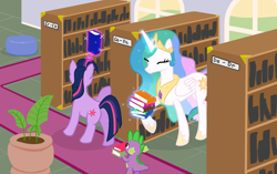 Size: 2200x1380 | Tagged: safe, artist:lightbulb, character:princess celestia, character:spike, character:twilight sparkle, episode:slice of life, g4, my little pony: friendship is magic, book, carrying, cute, eyes closed, happy, library, magic, raised hoof, smiling, telekinesis