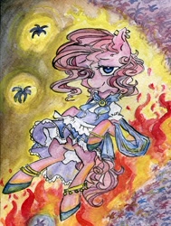 Size: 440x581 | Tagged: safe, artist:foxda, character:pinkie pie, species:earth pony, species:pony, friendship is witchcraft, bard, bipedal, clothing, dress, ear piercing, earring, female, fire, flower, gypsy pie, hyacinth, jewelry, piercing, solo, traditional art