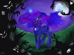 Size: 1400x1050 | Tagged: safe, artist:foxda, character:princess luna, species:alicorn, species:pony, female, full moon, glowing horn, magic, moon, night, shadow, solo