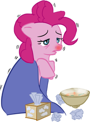 Size: 486x661 | Tagged: safe, artist:ponyrake, character:pinkie pie, species:earth pony, species:pony, blanket, cold, female, sick, solo, soup, tissue, tissue box