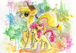 Size: 1647x1153 | Tagged: safe, artist:smartmeggie, character:apple bloom, character:applejack, traditional art