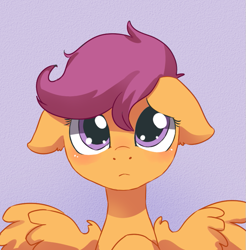 Size: 727x738 | Tagged: safe, artist:risu-nya, character:scootaloo, blushing, cute, cutealoo, female, floppy ears, fluffy, frown, looking at you, puppy dog eyes, sad, scootasad, solo, spread wings, wings