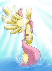 Size: 1237x1681 | Tagged: safe, artist:michinix, character:fluttershy, species:pegasus, species:pony, butt, crepuscular rays, eyes closed, female, mare, open mouth, plot, smiling, solo, sparkles, splash, spread hooves, spread wings, water, wet mane, wings