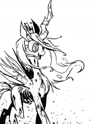 Size: 1043x1417 | Tagged: dead source, safe, artist:myslipox, character:queen chrysalis, species:changeling, black and white, changeling queen, female, grayscale, lineart, monochrome, open mouth, simple background, solo, white background, windswept mane