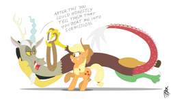 Size: 3424x2000 | Tagged: safe, artist:carnifex, artist:falord, character:applejack, character:discord, dialogue, rope, speech bubble