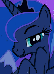 Size: 369x506 | Tagged: safe, artist:zombiecollie, edit, screencap, character:princess luna, species:alicorn, species:pony, episode:luna eclipsed, g4, my little pony: friendship is magic, ask lusty luna, close-up, crown, ethereal mane, female, flowing mane, hoof shoes, jewelry, lidded eyes, looking at you, lusty luna, mare, profile, raised hoof, reaction image, regalia, smiling, solo, stupid sexy princess luna, teal eyes, tumblr