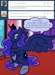 Size: 651x883 | Tagged: safe, artist:zombiecollie, character:princess luna, ask, ask lusty luna, bedroom eyes, looking at you, lunaughty, lusty luna, raised hoof, sitting, smiling, spread wings, tumblr, wings