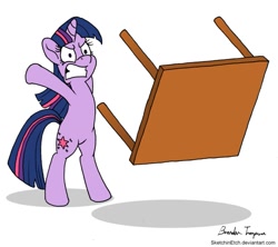 Size: 949x842 | Tagged: safe, artist:sketchinetch, character:twilight sparkle, character:twilight sparkle (unicorn), species:pony, species:unicorn, angry, bipedal, female, gritted teeth, mare, reaction image, signature, simple background, solo, table, table flip, white background