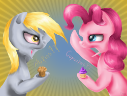 Size: 800x600 | Tagged: safe, artist:agussska, character:derpy hooves, character:pinkie pie, species:pegasus, species:pony, cupcake, cupcakes vs muffins, female, mare, muffin