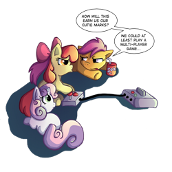 Size: 600x600 | Tagged: safe, artist:butterscotch25, character:apple bloom, character:scootaloo, character:sweetie belle, species:earth pony, species:pegasus, species:pony, species:unicorn, g4, apple bloom's bow, bored, bow, console, cutie mark crusaders, dialogue, female, filly, hair bow, lidded eyes, looking at each other, playing video games, prone, scootaloo will show us games to play, simple background, sitting, soda, speech bubble, tongue out, transparent background, trio, trio female, underhoof, video game