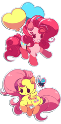 Size: 788x1600 | Tagged: safe, artist:sugaryrainbow, character:fluttershy, character:pinkie pie, species:earth pony, species:pegasus, species:pony, balloon, butterfly, chibi, dot eyes, duo, female, looking at you, mare, outline, simple background, smiling, spread wings, stray strand, transparent background, white outline, wings