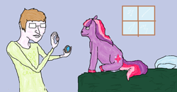 Size: 884x459 | Tagged: safe, artist:crystals1986, character:twilight sparkle, oc, self insert, species:human, bed, crystal, crystal fetish, distorted, gem, glasses, quality, window