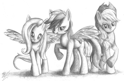 Size: 2132x1391 | Tagged: safe, artist:rileyblackfox, artist:rouletteobsidian, character:applejack, character:fluttershy, character:rainbow dash, monochrome, pencil drawing, traditional art