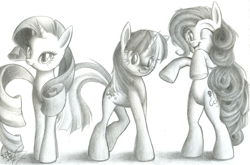 Size: 2297x1516 | Tagged: safe, artist:rileyblackfox, artist:rouletteobsidian, character:pinkie pie, character:rarity, character:twilight sparkle, monochrome, pencil drawing, traditional art