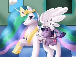 Size: 1024x768 | Tagged: safe, artist:agussska, character:princess celestia, character:twilight sparkle, filly, yes yes yes