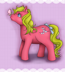 Size: 1024x1127 | Tagged: safe, artist:reachfarhigh, character:shady, species:earth pony, species:pony, g1, bow, butterfly, female, insect on nose, looking at something, profile, solo, tail bow
