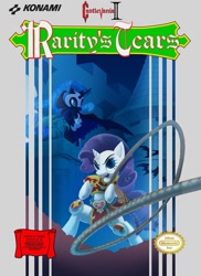 Size: 765x1053 | Tagged: safe, artist:foolyguy, character:nightmare moon, character:princess luna, character:rarity, species:bat, bipedal, box art, castlevania, castlevania ii, hoof hold, konami, nintendo entertainment system, parody, simon's quest, style emulation, video game, whip