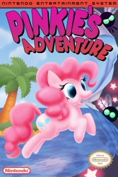 Size: 604x905 | Tagged: safe, artist:foolyguy, character:pinkie pie, box art, fourth wall, fourth wall destruction, kirby, kirby's adventure, nintendo, nintendo entertainment system, parasprite, parody, style emulation, vacuum mouth