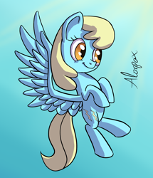 Size: 1280x1485 | Tagged: safe, artist:alorpax, character:sassaflash, species:pegasus, species:pony, 30 minute art challenge, female, flying, gradient background, mare, signature, smiling, solo