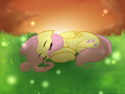 Size: 800x600 | Tagged: safe, artist:ruby-sunrise, character:fluttershy, species:pegasus, species:pony, eyes closed, female, firefly, floppy ears, folded wings, grass, mare, outdoors, sleeping, solo, wings