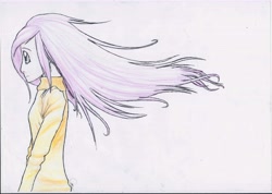 Size: 7131x5088 | Tagged: safe, artist:hanaatori, character:fluttershy, absurd resolution, clothing, female, humanized, profile, solo, sweater, sweatershy, traditional art, windswept hair