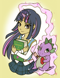 Size: 600x771 | Tagged: safe, artist:christinies, character:spike, character:twilight sparkle, clothing, horned humanization, humanized, magic, skirt