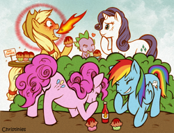 Size: 800x615 | Tagged: safe, artist:christinies, character:applejack, character:pinkie pie, character:rainbow dash, character:rarity, character:spike, bush, chilli, cupcake, eating, fire, fire breath, food, heart, hot sauce, laughing, observer, prank, sauce