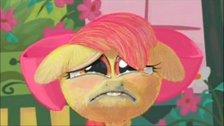 Size: 952x538 | Tagged: safe, artist:porkcow, character:apple bloom, episode:call of the cutie, g4, my little pony: friendship is magic, female, looking at you, sad, scene interpretation, solo