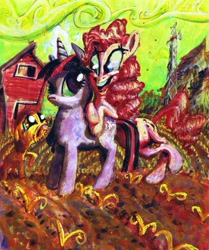 Size: 1143x1365 | Tagged: safe, artist:porkcow, character:apple bloom, character:pinkie pie, character:twilight sparkle, creepy, sweet apple acres