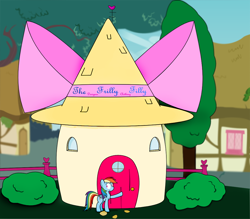 Size: 1008x882 | Tagged: safe, artist:dbapplejack, character:rainbow dash, building, clothing, female, solo, store