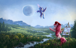 Size: 1680x1050 | Tagged: safe, artist:moe, character:pinkie pie, character:princess luna, species:alicorn, species:earth pony, species:pony, g4, 16:10, beret, bipedal, celestial mechanics, clothing, creek, duo, duo female, easel, featured on derpibooru, female, first alicorn picture on derpibooru, first luna picture on derpibooru, first pinkie pie picture on derpibooru, flower, flying, forest, frown, grass, hat, luna is not amused, magic, mare, moon, moon work, mountain, one of the first, open mouth, paint, paintbrush, painter, painting, palette, pointing, river, s1 luna, scenery, scenery porn, signature, sitting, spread wings, tree, unamused, valley, wallpaper, wings