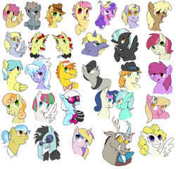 Size: 2447x2345 | Tagged: safe, artist:flower-power-love, character:berry punch, character:berryshine, character:blossomforth, character:bon bon, character:braeburn, character:candy mane, character:carrot cake, character:cloudchaser, character:derpy hooves, character:dinky hooves, character:discord, character:dizzy twister, character:doctor fauna, character:dust devil, character:flam, character:flim, character:holly dash, character:junebug, character:lily, character:lily valley, character:lyra heartstrings, character:mjölna, character:neon lights, character:octavia melody, character:orange swirl, character:photo finish, character:ponet, character:rising star, character:roseluck, character:screwball, character:shutterfly, character:surprise, character:sweetie drops, character:thunderlane, species:earth pony, species:pegasus, species:pony, species:unicorn, ship:lyrabon, g1, background pony, blushing, clothing, female, flim flam brothers, g1 to g4, generation leap, glasses, happy, hat, lesbian, press pass, press release (character), shipping, simple background, smiling, sunglasses, white background