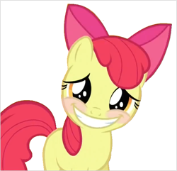 Size: 625x603 | Tagged: safe, artist:acuario1602, character:apple bloom, blushing, bow, female, filly, grin, hair bow, looking at you, simple background, smiling, solo, standing, white background