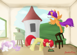 Size: 2100x1500 | Tagged: safe, artist:junker-kun, character:apple bloom, character:scootaloo, character:sweetie belle, cutie mark crusaders, missing accessory, painting, sleeping, wall