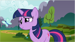 Size: 1260x703 | Tagged: safe, artist:acuario1602, character:twilight sparkle, butterfly, nature, smiling