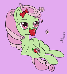 Size: 1227x1360 | Tagged: safe, artist:alorpax, character:florina tart, 30 minute art challenge, apple, apple family member, pink background, simple background
