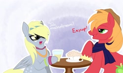 Size: 2004x1200 | Tagged: safe, artist:rainbowjune, character:big mcintosh, character:derpy hooves, species:earth pony, species:pony, clothing, cup, drink, glass, glasses, hipster, male, scarf, stallion, table