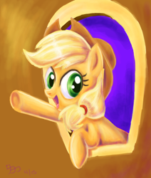 Size: 878x1033 | Tagged: safe, artist:wafflecannon, character:applejack, episode:the last roundup, g4, my little pony: friendship is magic, clothing, cowboy hat, female, hat, open mouth, raised hoof, smiling, solo, stetson, train, waving, window
