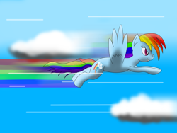 Size: 1024x768 | Tagged: safe, artist:xhardwirex, character:rainbow dash, species:pegasus, species:pony, cloud, female, flying, mare, smiling, solo, spread wings, wings