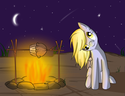 Size: 936x720 | Tagged: safe, artist:lilmisswaffles, character:derpy hooves, species:pegasus, species:pony, campfire, cute, female, fire, head tilt, literal spitroast, looking at you, mare, muffin, night, sitting, sky, smiling