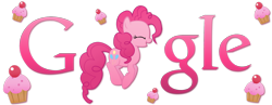 Size: 1800x700 | Tagged: safe, artist:thepatrollpl, character:pinkie pie, species:earth pony, species:pony, cupcake, eyes closed, female, food, google, google logo, jumping, pronking, simple background, smiling, solo, transparent background