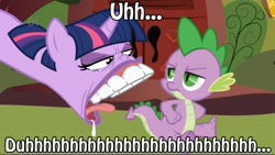 Size: 1200x676 | Tagged: safe, artist:blue-von, character:spike, character:twilight sparkle, caption, drawn together, drool, frown, glare, open mouth, tongue out, unamused, voice actor joke