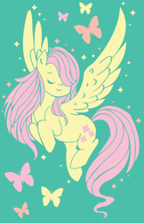 Size: 3300x5100 | Tagged: safe, artist:twiddledittle, character:fluttershy, species:pegasus, species:pony, butterfly, eyes closed, female, hair over one eye, simple background, solo, spread wings, teal background, wings