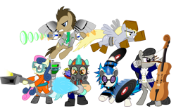 Size: 1124x711 | Tagged: safe, artist:mrflabbergasted, character:bon bon, character:derpy hooves, character:dj pon-3, character:doctor whooves, character:lyra heartstrings, character:octavia melody, character:sweetie drops, character:time turner, character:vinyl scratch, species:earth pony, species:pegasus, species:pony, species:unicorn, background six, bag, bags, bipedal, cello, musical instrument, necktie, paper bag, paper bag wizard, record, simple background, transparent background, vector, weapon